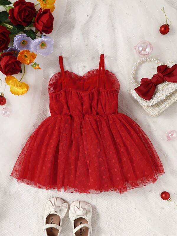 Baby Ruffle Trim Bow Front Contrast Mesh Cami Dress