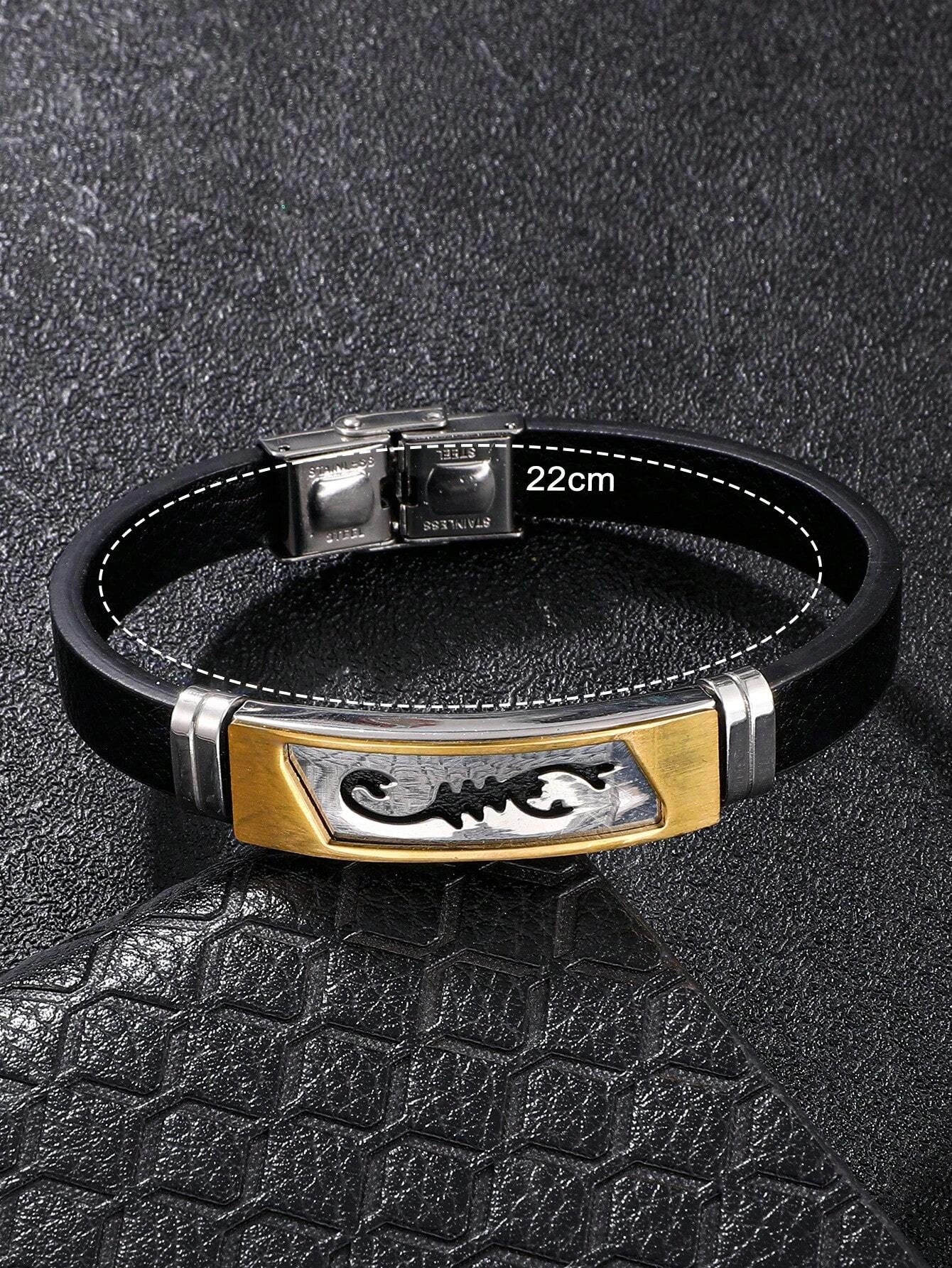 1pc Men Black PU Polyurethane Strap Casual Round Pointer Quartz Watch & 1pc Scorpion Detail Bracelet, For Daily Life