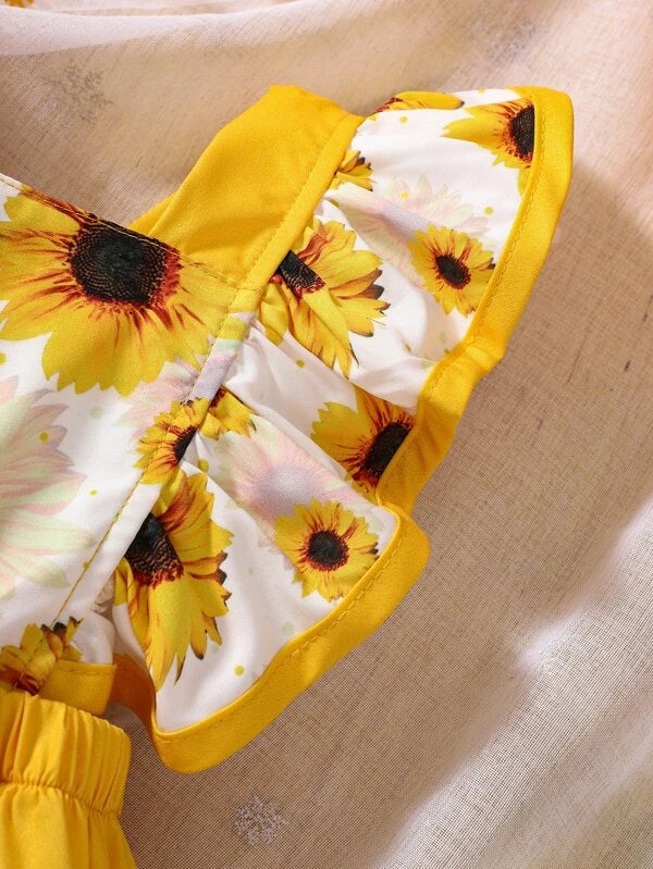 Baby Sunflower Print Ruffle Trim Bodysuit