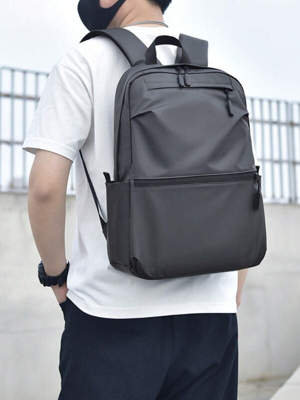 Zip Front Functional Backpack Solid Black Minimalist