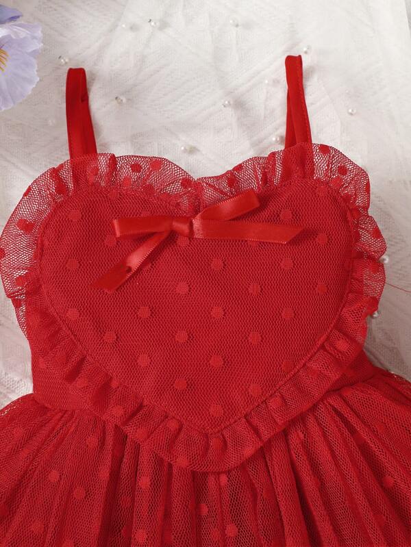 Baby Ruffle Trim Bow Front Contrast Mesh Cami Dress