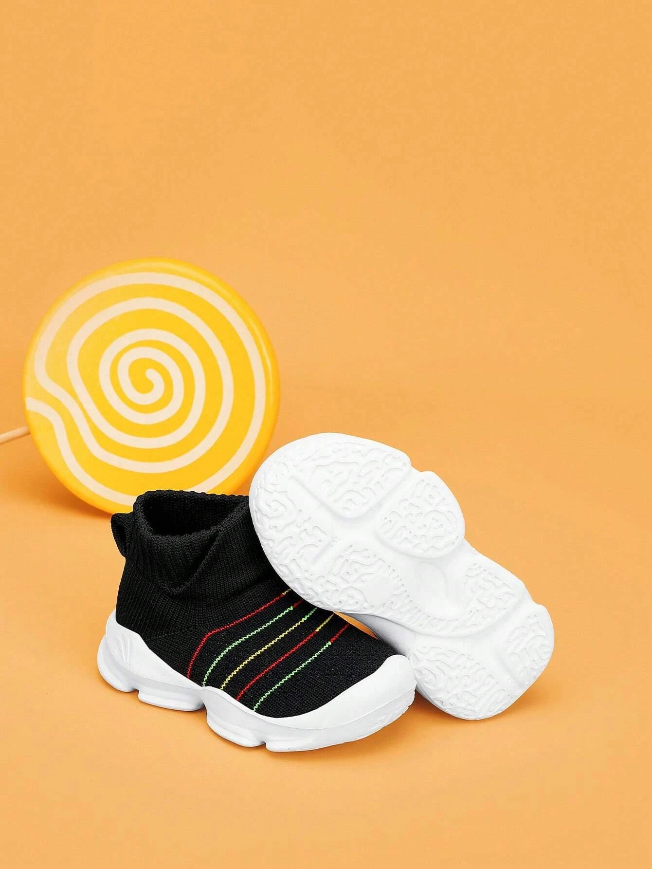 Baby Striped Pattern Sneakers, Sporty Black Fabric Sock Sneakers