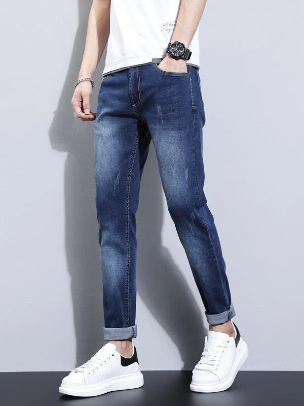 Manfinity Homme Men Cotton Cat Whisker Washed Jeans