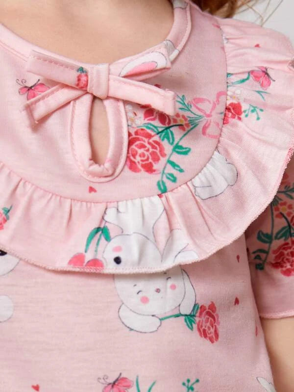 SHEIN Kids QTFun Toddler Girls Rabbit Print Ruffle Trim Bow Front Nightdress