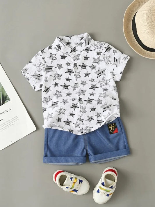 Toddler Boys Allover Star Print Shirt & Slogan Patched Detail Denim Shorts