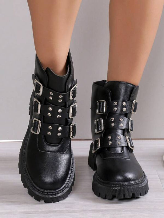 Black Thick-soled Sweet Cool Motorcycle Boots For Women 2023 New British Metal Pu Leather Belt Buckle Ankle Boots, Slim Motorcycle Boots