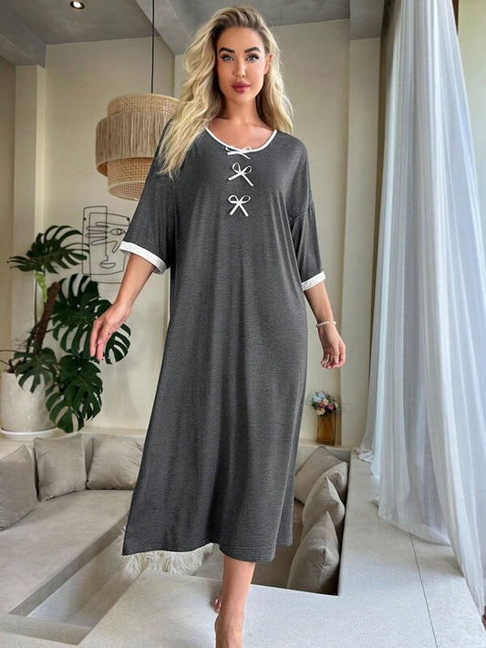 SHEIN Contrast Binding Drop Shoulder Bow Front Nightdress