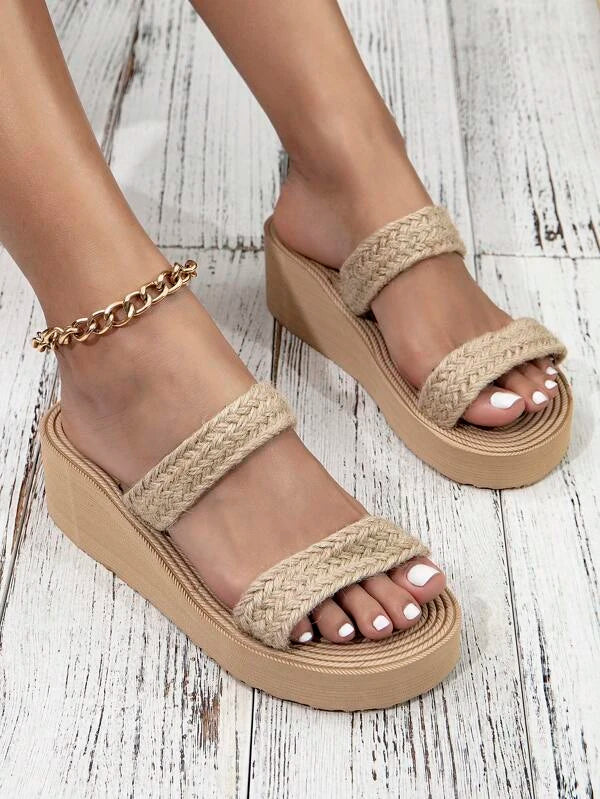 Vacation Wedge Slide Sandals For Women, Straw Braid Detail Wedge Sandals