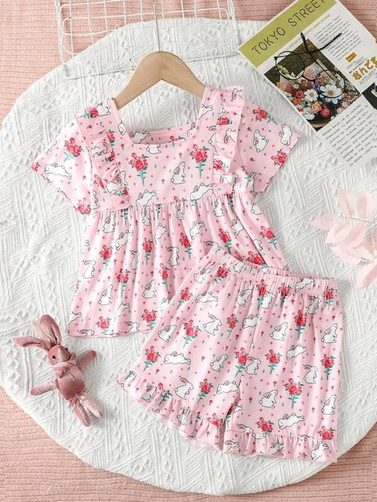 SHEIN Kids SUNSHNE Toddler Girls Rabbit & Floral Print Ruffle Trim PJ Set