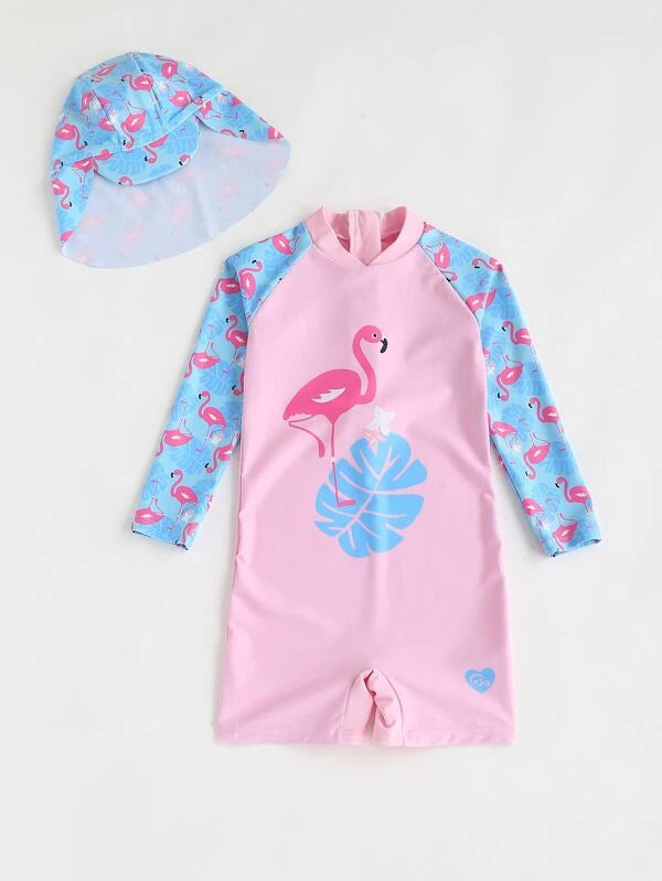 Toddler Girls Flamingo Print Zipper Back One Piece Swimsuit With Cap