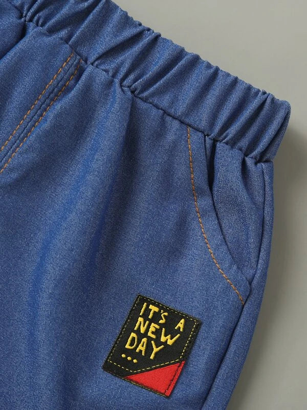 Toddler Boys Allover Star Print Shirt & Slogan Patched Detail Denim Shorts