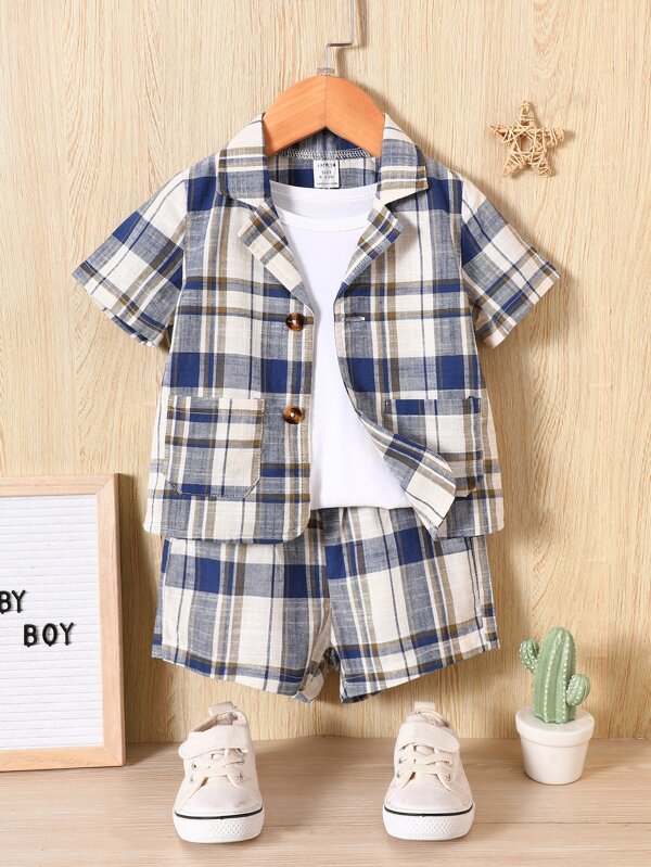 Baby Boy Plaid Print Lapel Neck Shirt & Shorts