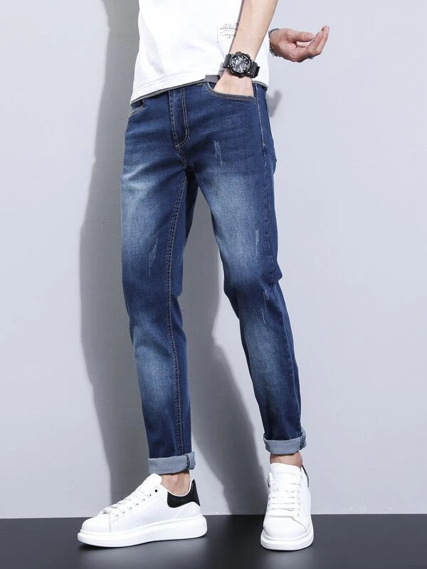 Manfinity Homme Men Cotton Cat Whisker Washed Jeans