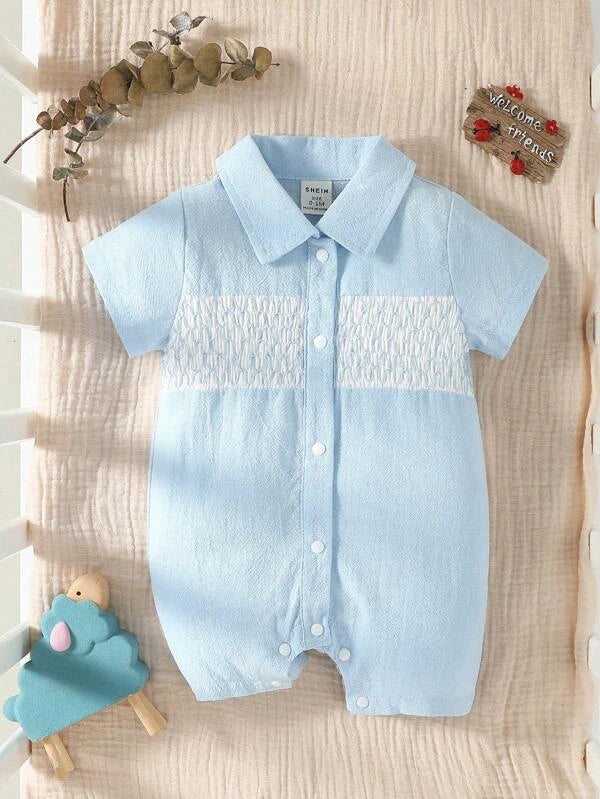 Baby Colorblock Button Front Shirred Shirt Romper