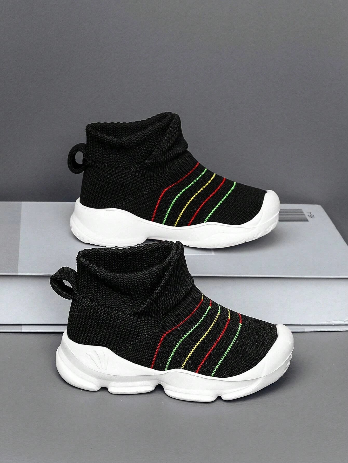 Baby Striped Pattern Sneakers, Sporty Black Fabric Sock Sneakers