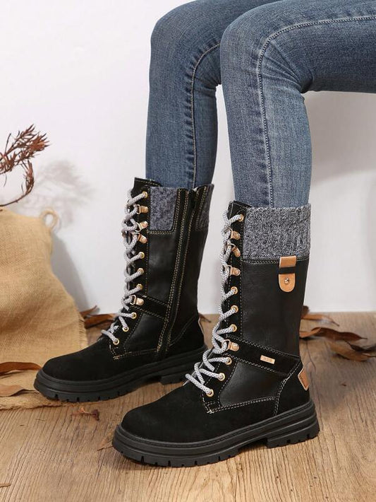 Women's Round Toe Lace-up Riding Boots Flat-soled High-top Fashion Boots