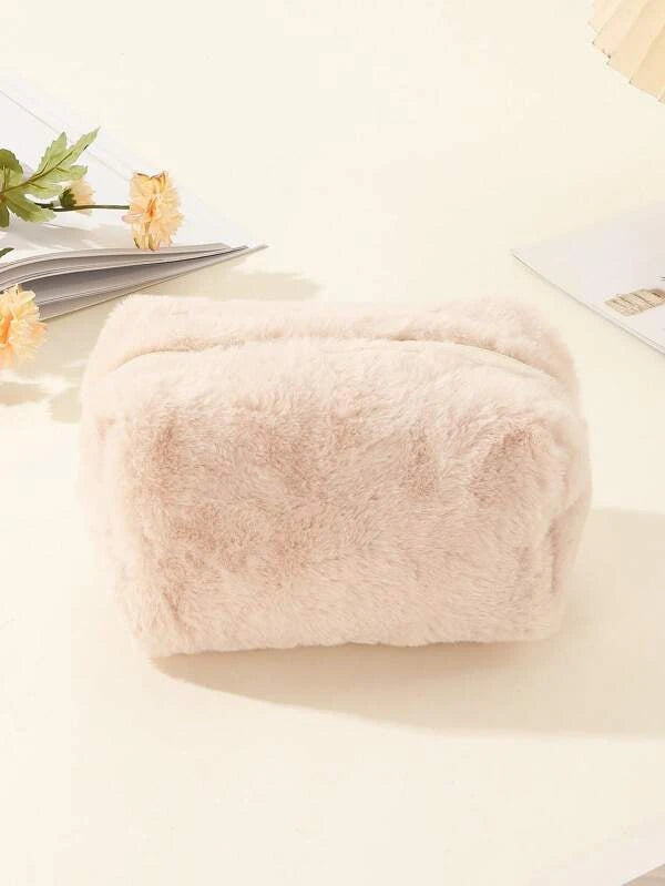 1pc Solid Color Plush Portable Travel Feel Comfortable Makeup Bag For Women Girls