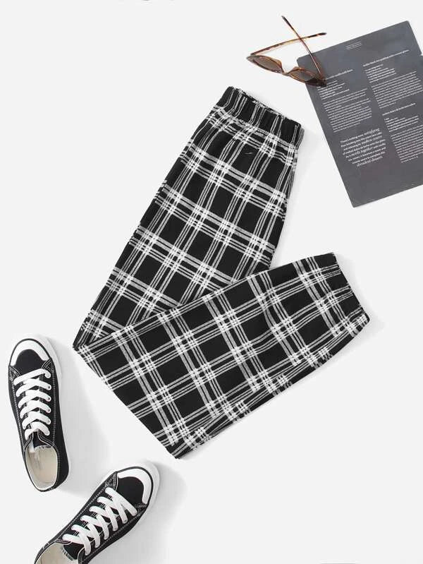 SHEIN EZwear Plaid Print Elastic Waist Sweatpants