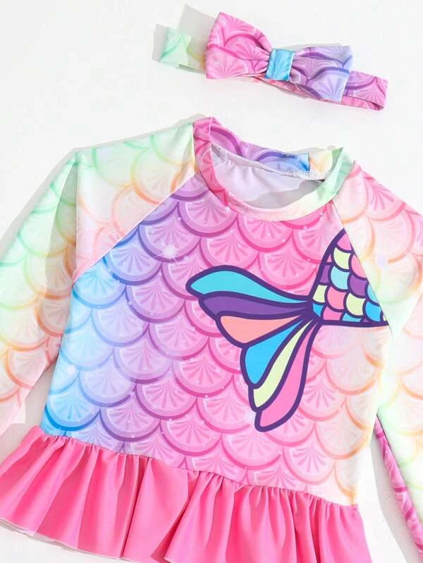 Toddler Girls Fish Scales & Mermaid Print Ruffle Hem Tankini Swimsuit & Headband