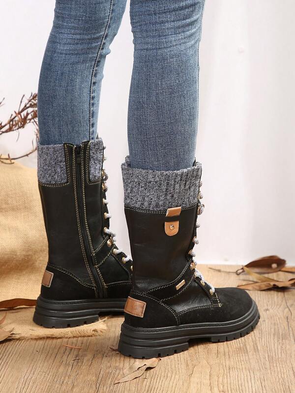 Women's Round Toe Lace-up Riding Boots Flat-soled High-top Fashion Boots