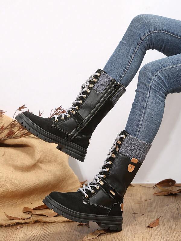 Women's Round Toe Lace-up Riding Boots Flat-soled High-top Fashion Boots