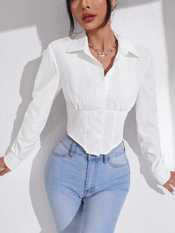 SHEIN Essnce Solid Button Front Crop Shirt