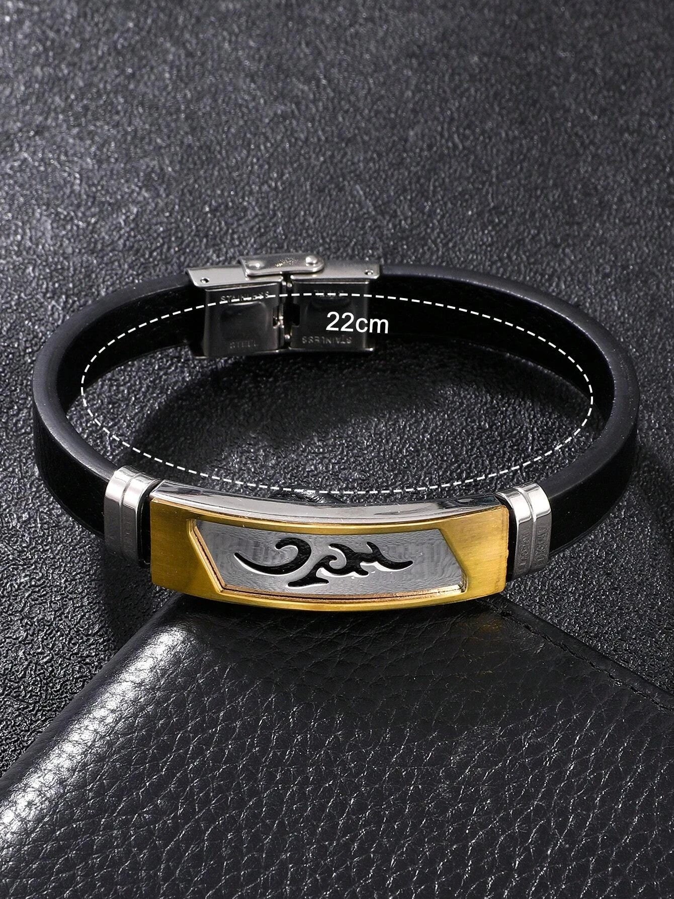 1pc Men Black PU Polyurethane Strap Casual Round Pointer Quartz Watch & 1pc Fire Detail Bracelet, For Daily Life