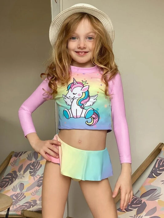 Toddler Girls Cartoon Unicorn Ruffle Hem Skort Bikini Swimsuit