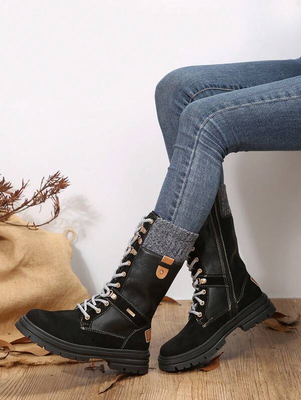 Women's Round Toe Lace-up Riding Boots Flat-soled High-top Fashion Boots