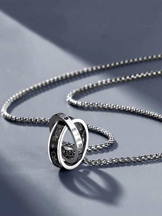Men Letter Detail Ring Charm Necklace Silver Stainless Steel Fashionable Popular Jewelry Gift Party