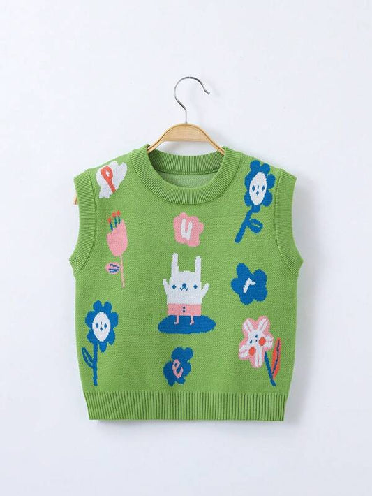 Young Girl Cartoon Pattern Sweater Vest