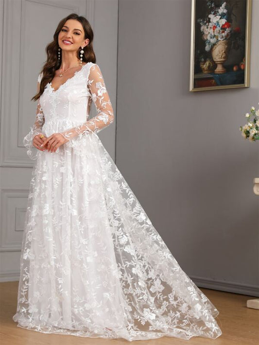 V Neck Floral Embroidery Mesh Overlay Maxi Wedding Dress