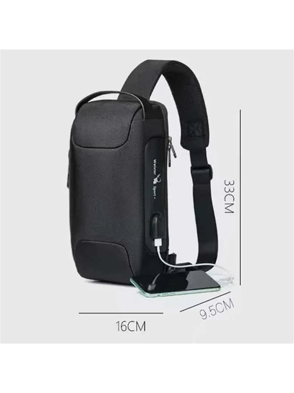 Multifunctional Letter Graphic Sling Bag Zipper Black With USB Charging Port Shoulder Bag Casual Bag Crossbody Bag For High School Student University Student Freshman