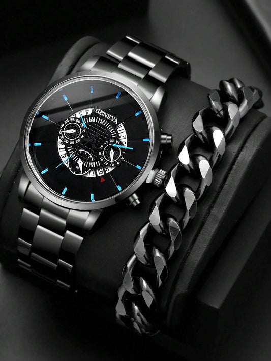 1pc Men Black Zinc Alloy Strap Business Date Round Dial Quartz Watch & 1pc Bracelet, For Daily Life