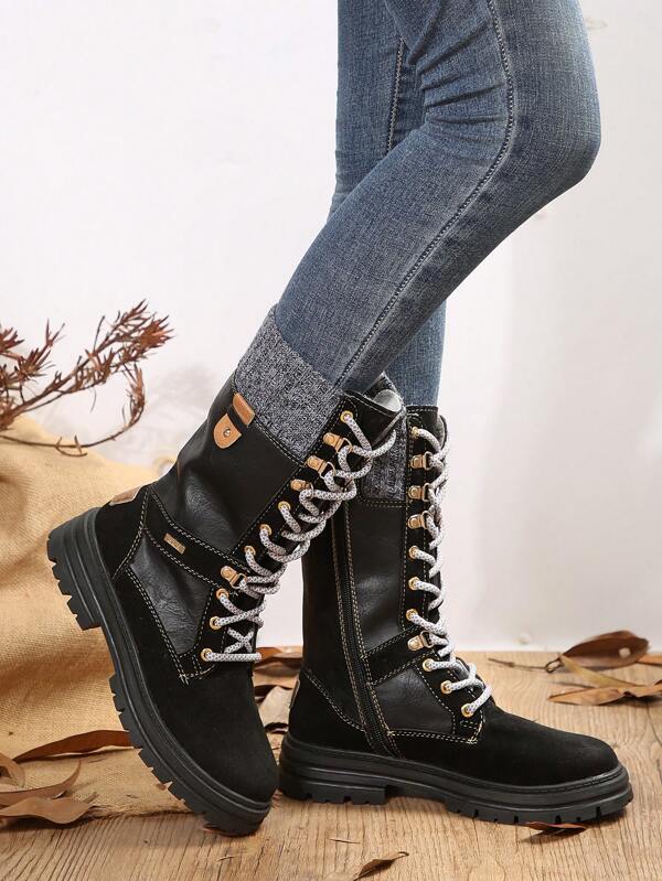 Women's Round Toe Lace-up Riding Boots Flat-soled High-top Fashion Boots