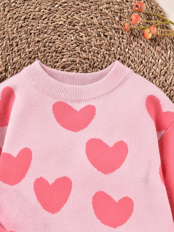 Young Girl Heart Pattern Drop Shoulder Sweater