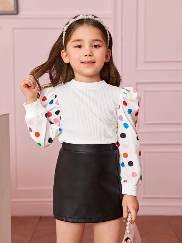 SHEIN Toddler Girls 1pc Polka Dot Puff Sleeve Tee & 1pc PU Leather Skirt