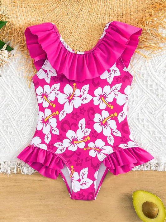 SHEIN Kids SUNSHNE Toddler Girls 1pc Floral Print Ruffle Trim One Piece Swimsuit