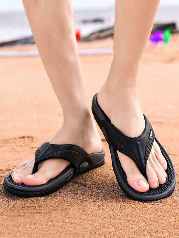 Cool Black Flip Flops For Men, Letter Graphic Toe Post Design Slippers