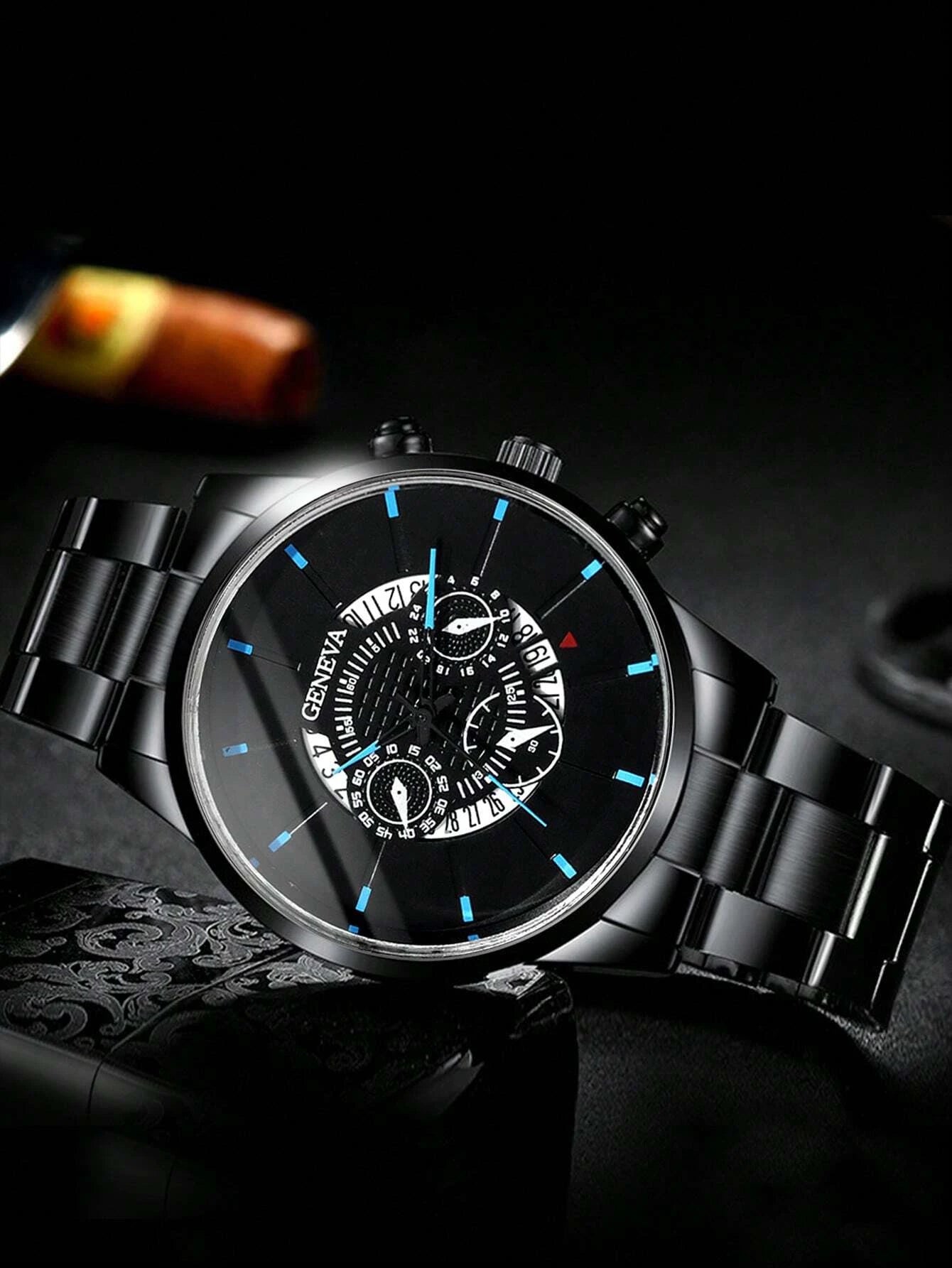 1pc Men Black Zinc Alloy Strap Business Date Round Dial Quartz Watch & 1pc Bracelet, For Daily Life