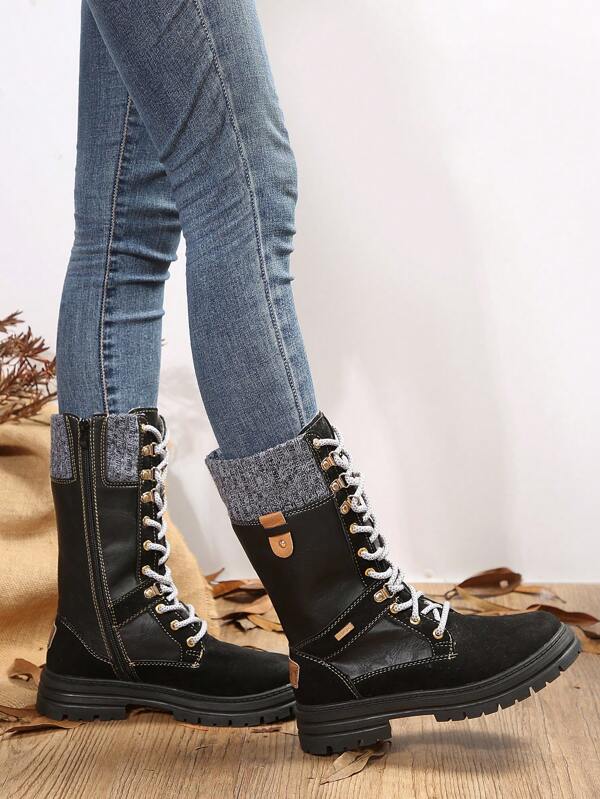 Women's Round Toe Lace-up Riding Boots Flat-soled High-top Fashion Boots