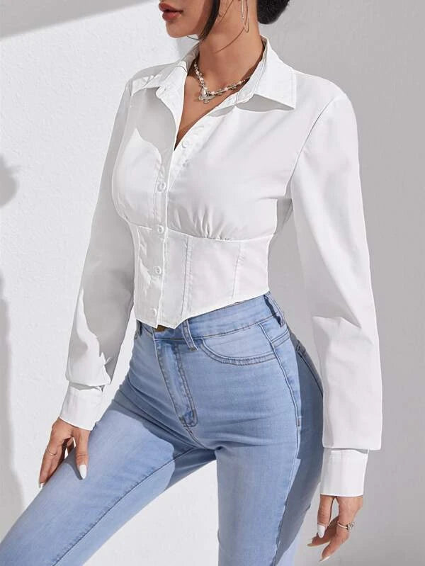 SHEIN Essnce Solid Button Front Crop Shirt