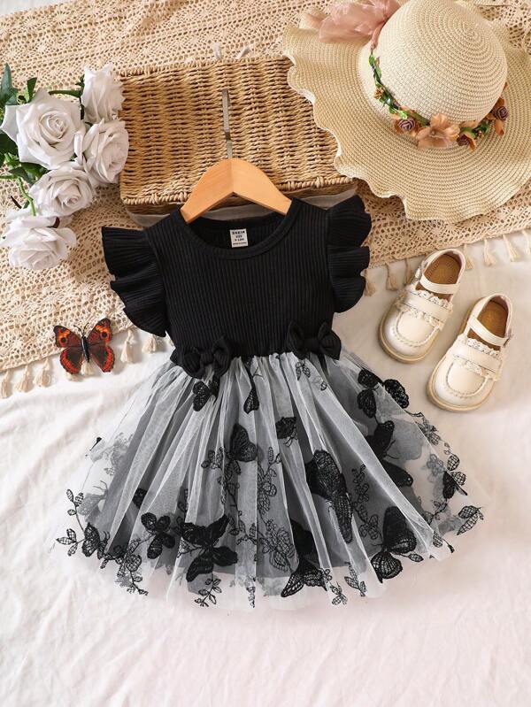 Baby Butterfly Appliques Ruffle Trim Mesh Overlay Dress