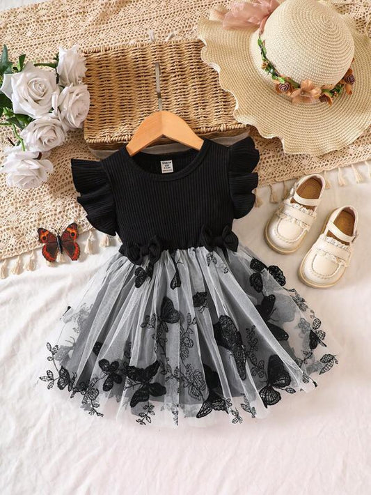 Baby Butterfly Appliques Ruffle Trim Mesh Overlay Dress