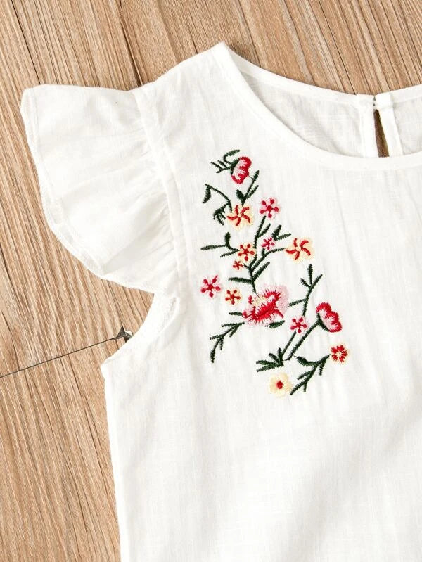 SHEIN Kids EVRYDAY Toddler Girls Floral Embroidery Ruffle Trim Blouse