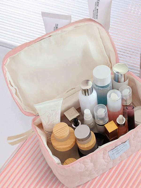 1pc Quilting Soft White Large Capacity Portable Travel Storage Makeup Bag For Women Girls