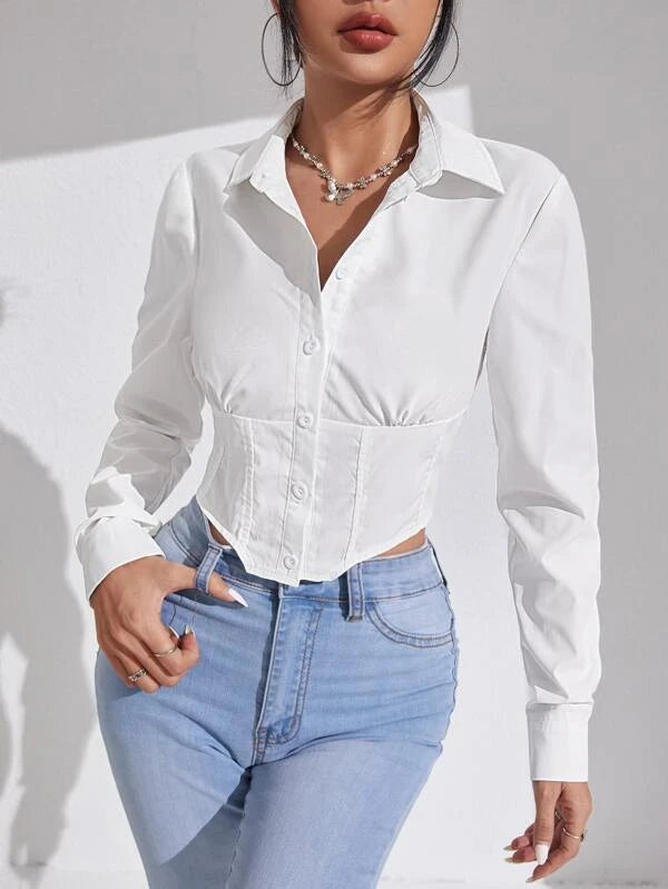 SHEIN Essnce Solid Button Front Crop Shirt