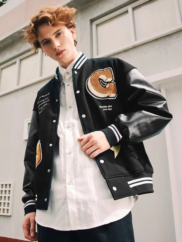 Men Cotton Cartoon Embroidered Patched Slogan Graphic Drop Shoulder Varsity Jacket