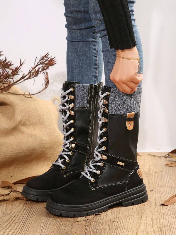 Women's Round Toe Lace-up Riding Boots Flat-soled High-top Fashion Boots