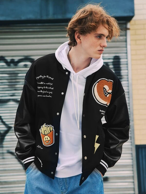 Men Cotton Cartoon Embroidered Patched Slogan Graphic Drop Shoulder Varsity Jacket